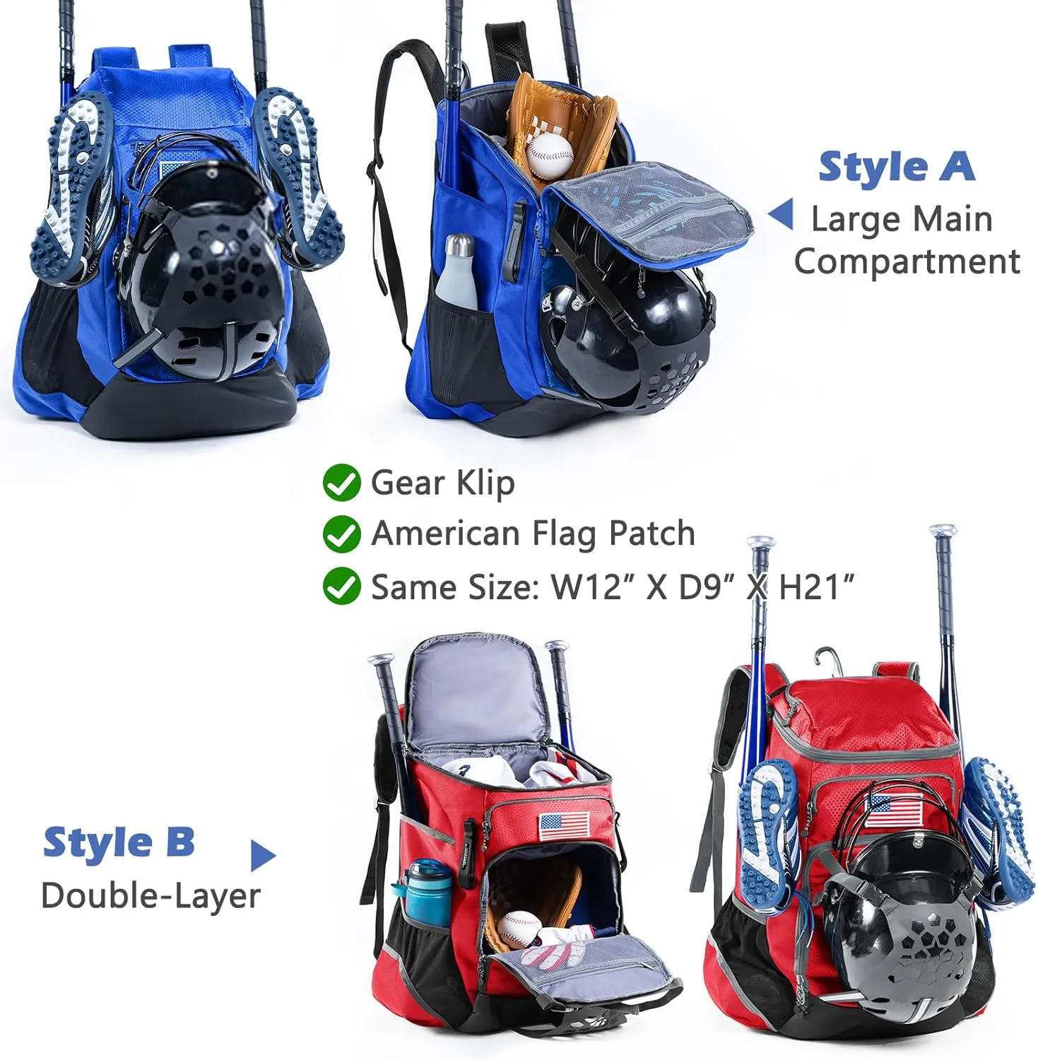 | Baseball Bag Softball Bat Bag, Double-layer Baseball Backpack Adult with Gear Klip To Hold Baseball Glove, Baseball Essential Gear, Youth Baseball Bag for Boys, Girls, Baseball Accessories