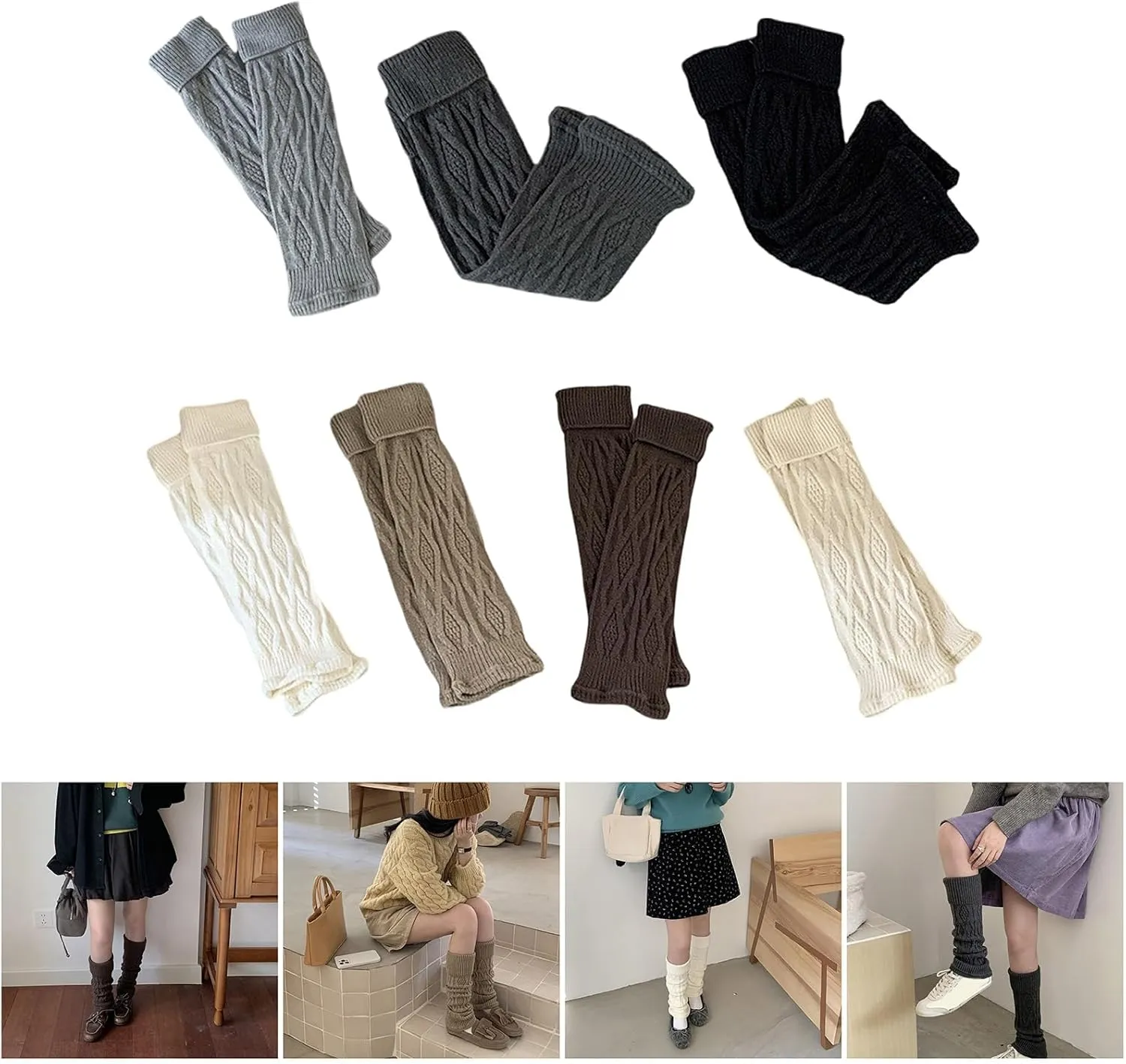 1 Pair Cable Knitted Pattern Leg Warmers Solid Color Turn Cuff Footless Socks Students Warm Boot Covers Cuffs