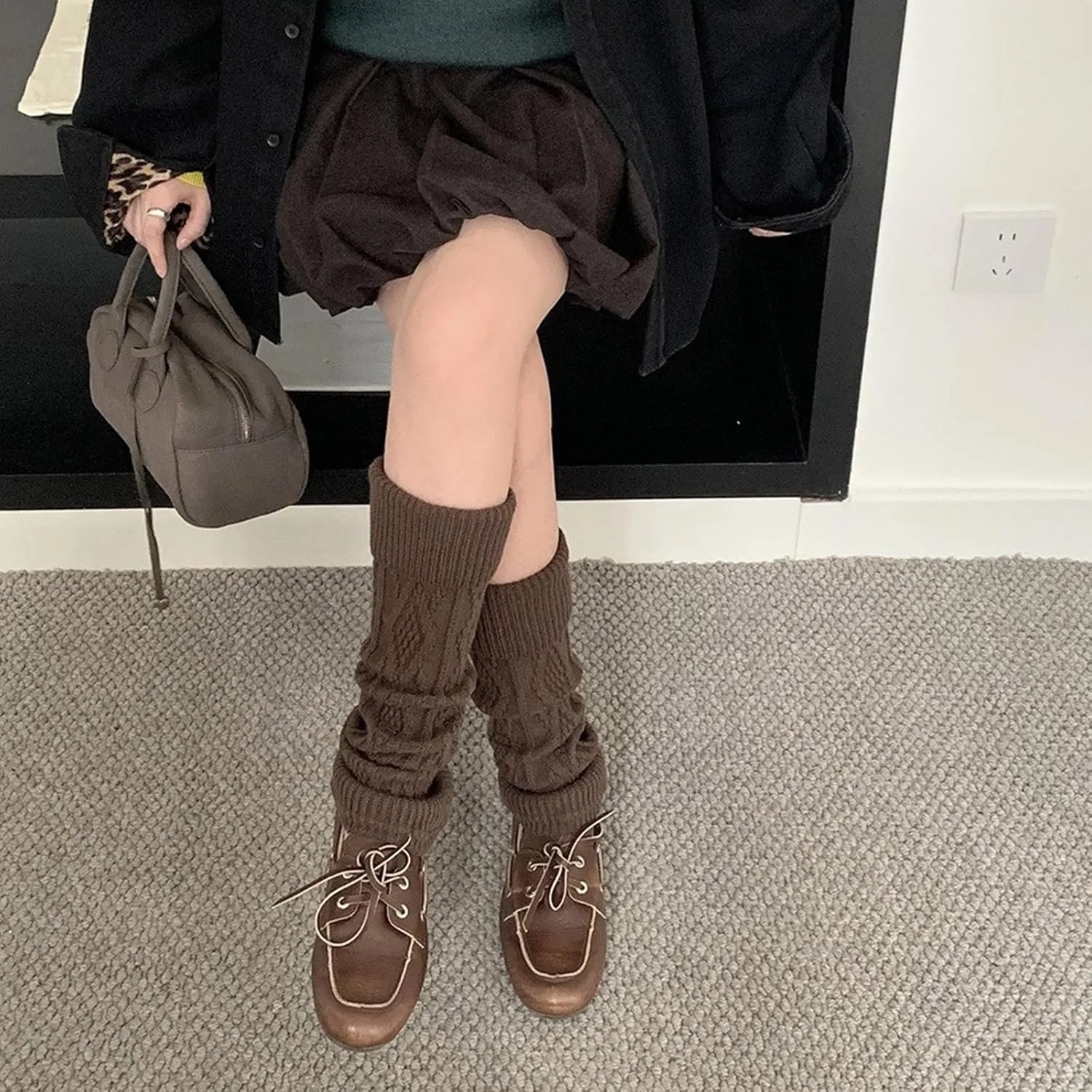 1 Pair Cable Knitted Pattern Leg Warmers Solid Color Turn Cuff Footless Socks Students Warm Boot Covers Cuffs
