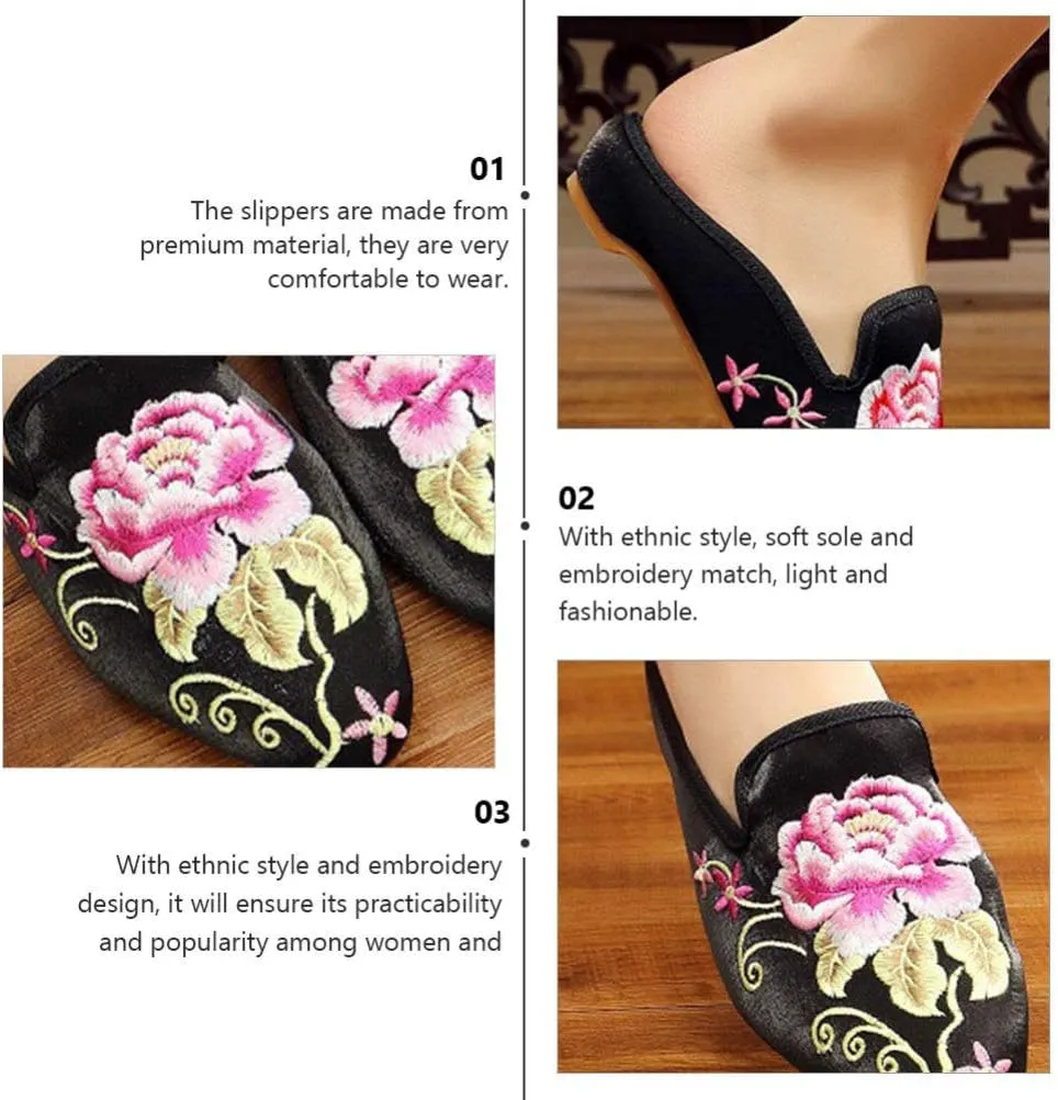 1 Pair Ethnic Women Embroidery Slipper Comfortable Soft Lady Chinese Floral Peony Slippers
