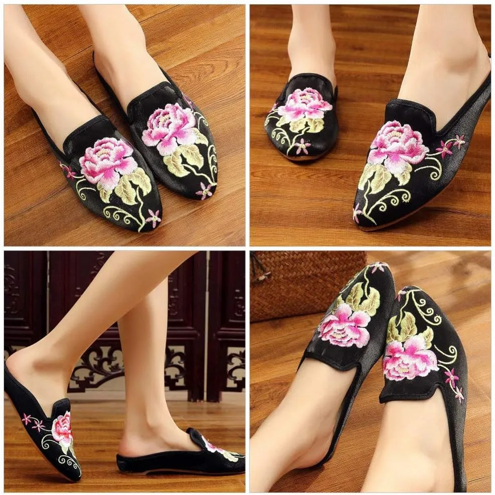 1 Pair Ethnic Women Embroidery Slipper Comfortable Soft Lady Chinese Floral Peony Slippers