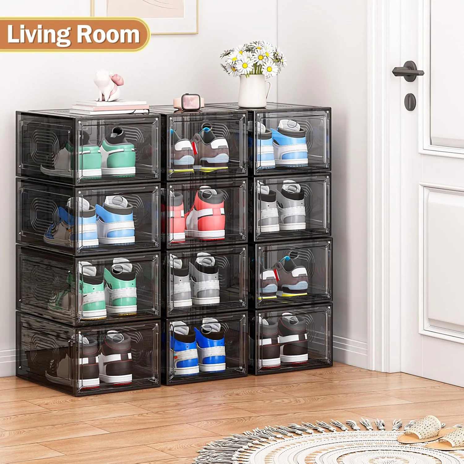 10 Pack Thicken Shoe Organizer Stackable,Upgraded Sturdy Shoe Storage Box with Magnetic Door,Shoe Containers For Sneaker Display,Hat Organizer,Black…