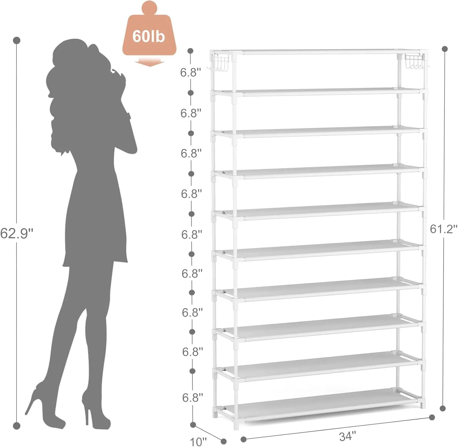 10 Tiers Shoe Rack 50 Pairs Large Capacity Tall Shoe Organizer Sturdy Shoe Storage with Two Hooks Space Saving Metal Wide Shoe Rack for Closet, Entryway, Bedroom, White
