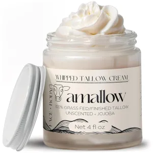 100% Grass Fed Beef Tallow for Skin Care - Face   Body - Whipped Moisturizer for Sensitive Skin - Natural Lotion, 4 FL. oz. (Unscented   Jojoba Oil)