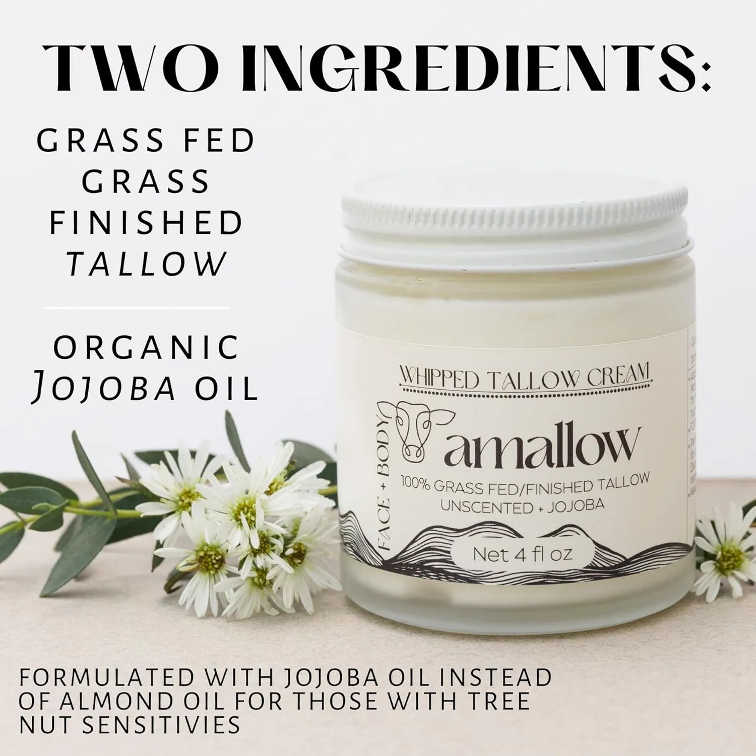 100% Grass Fed Beef Tallow for Skin Care - Face   Body - Whipped Moisturizer for Sensitive Skin - Natural Lotion, 4 FL. oz. (Unscented   Jojoba Oil)