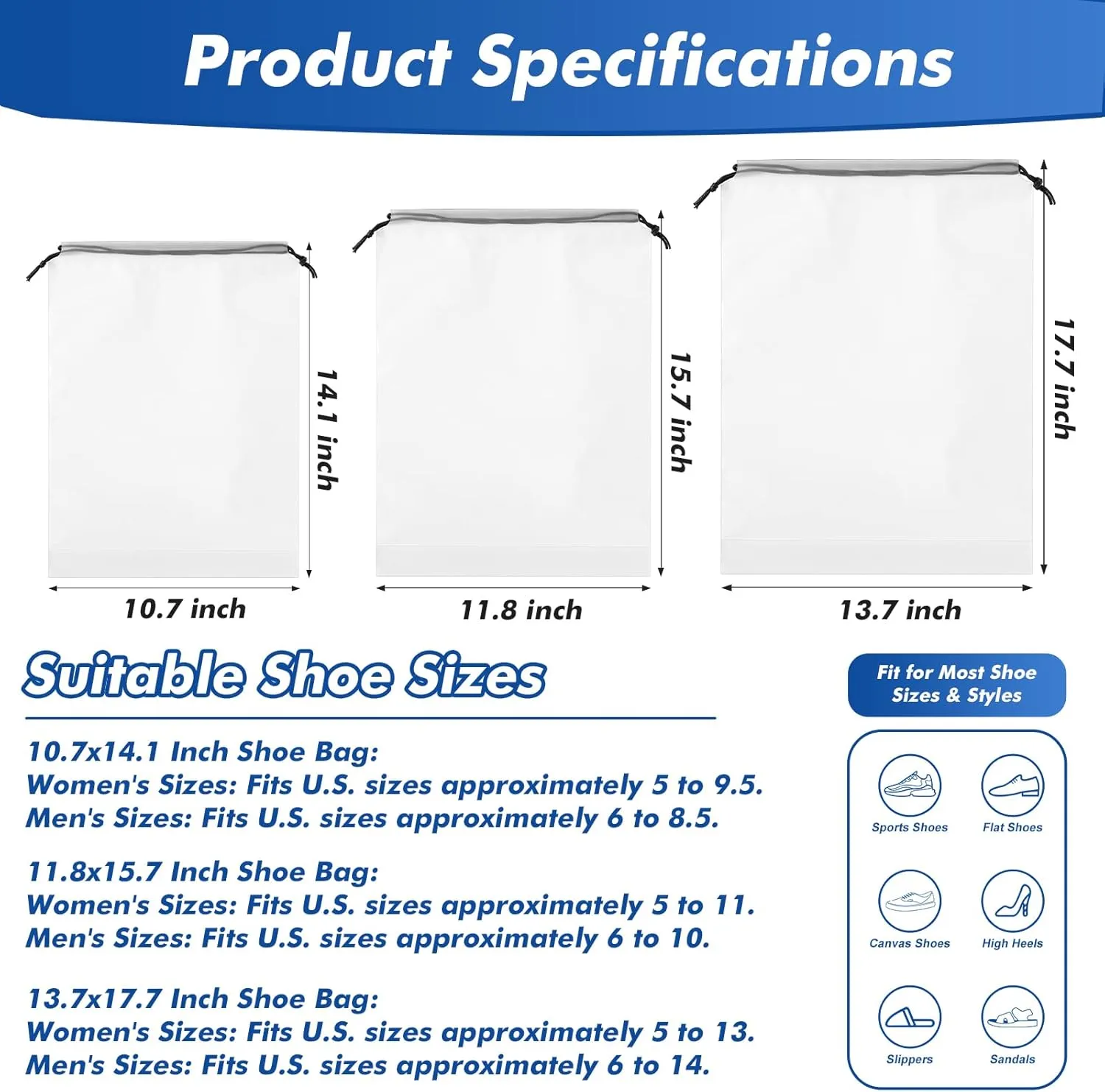 100 Packs Translucent Shoe Bags for Travel 15.7" x 11.8" Portable Drawstring Bags Bulk with label Stickers Waterproof Travel Shoe Bags for Packing Plastic Dustproof Shoe Storage Bags for Men and Women