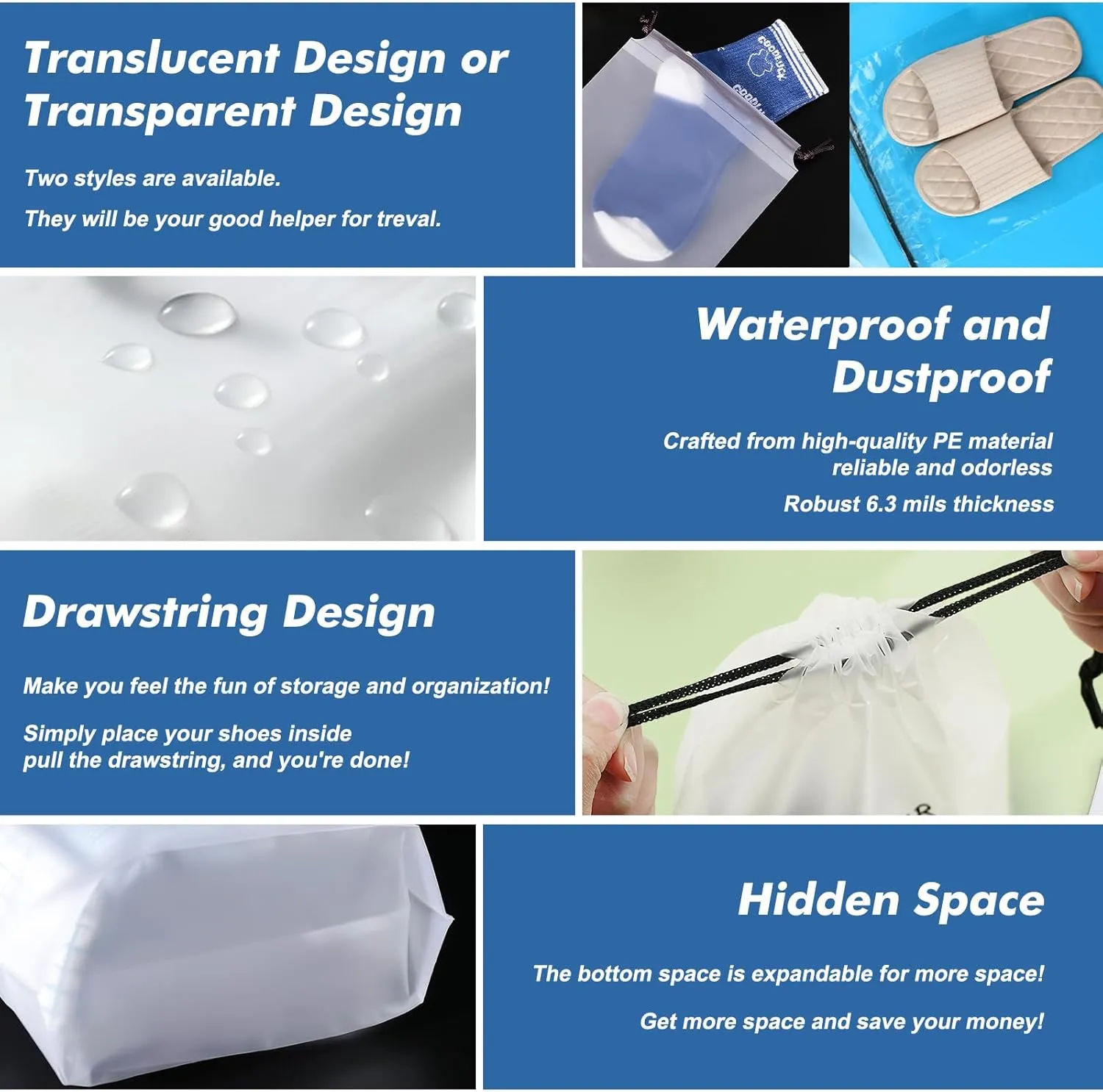 100 Packs Translucent Shoe Bags for Travel 15.7" x 11.8" Portable Drawstring Bags Bulk with label Stickers Waterproof Travel Shoe Bags for Packing Plastic Dustproof Shoe Storage Bags for Men and Women