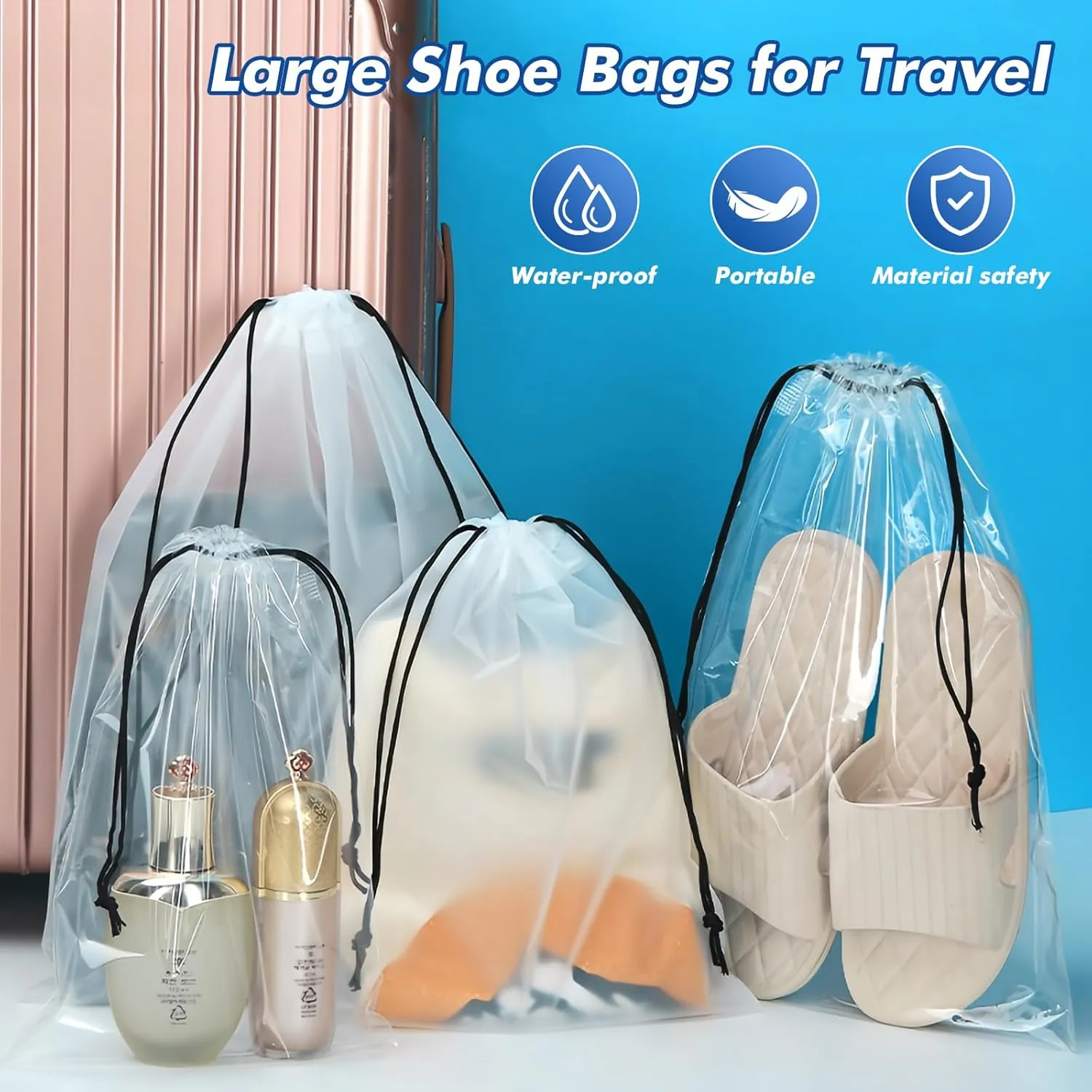 100 Packs Translucent Shoe Bags for Travel 15.7" x 11.8" Portable Drawstring Bags Bulk with label Stickers Waterproof Travel Shoe Bags for Packing Plastic Dustproof Shoe Storage Bags for Men and Women