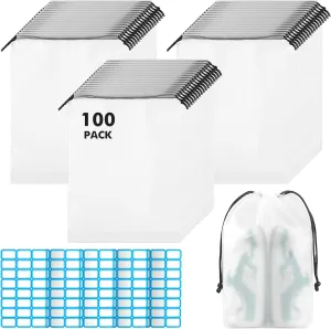 100 Packs Translucent Shoe Bags for Travel 15.7" x 11.8" Portable Drawstring Bags Bulk with label Stickers Waterproof Travel Shoe Bags for Packing Plastic Dustproof Shoe Storage Bags for Men and Women