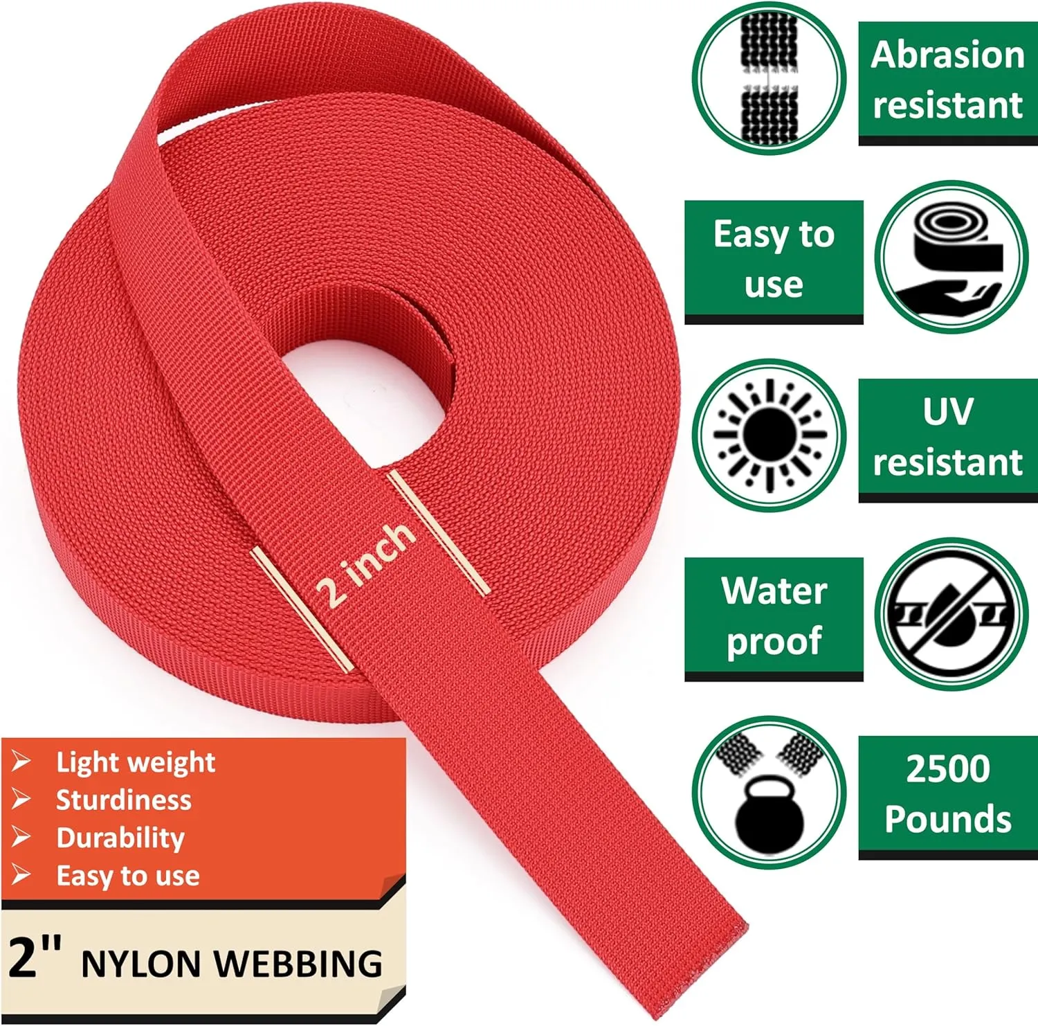 2 Inch Nylon Webbing Strap with Plastic Tri-Glide Slide Clips, 10 25 50 Yards Heavy Duty Nylon Strapping for Indoor or Outdoor Gear, DIY Crafting, Repairing