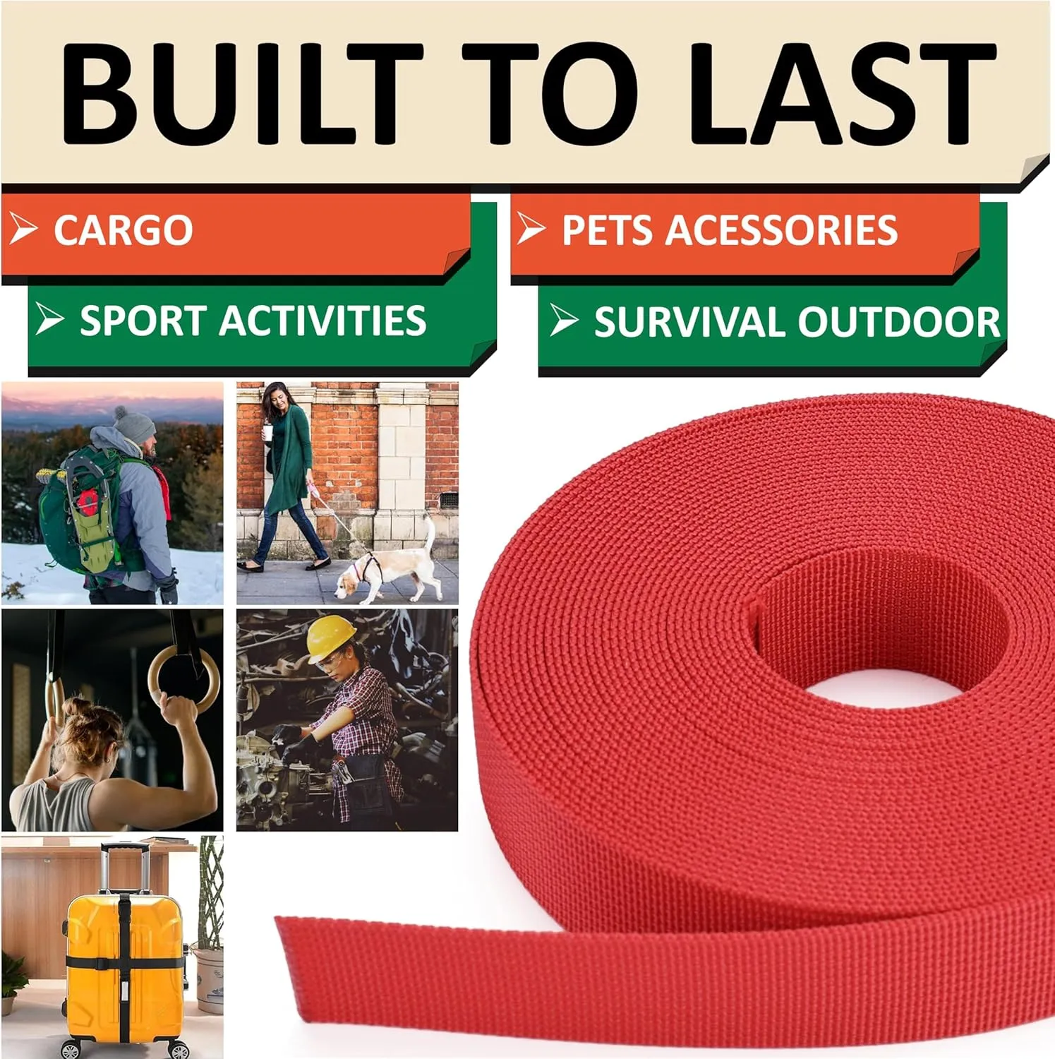 2 Inch Nylon Webbing Strap with Plastic Tri-Glide Slide Clips, 10 25 50 Yards Heavy Duty Nylon Strapping for Indoor or Outdoor Gear, DIY Crafting, Repairing