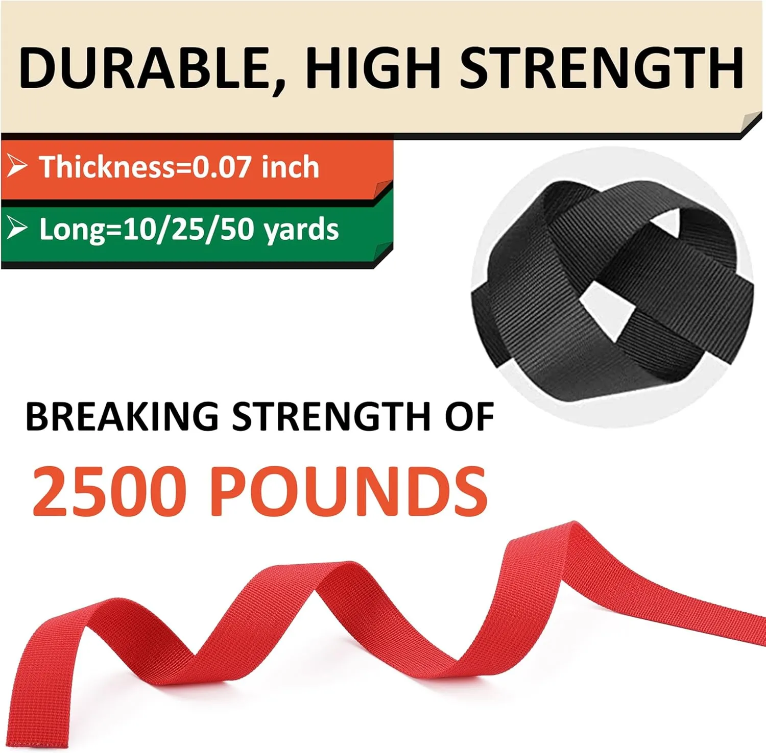 2 Inch Nylon Webbing Strap with Plastic Tri-Glide Slide Clips, 10 25 50 Yards Heavy Duty Nylon Strapping for Indoor or Outdoor Gear, DIY Crafting, Repairing