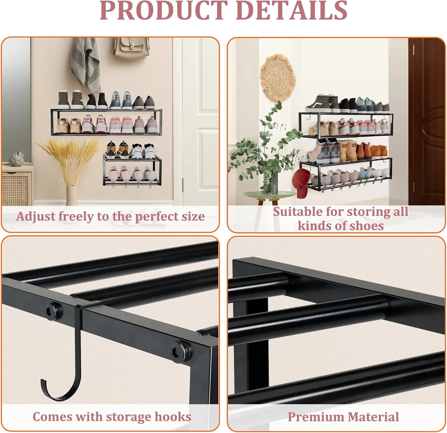 2 Pack Expandable Wall Mounted Shoe Rack, 17"-31" Adjustable Hanging Shoe Rack Holds 16 Pairs, Heavy Duty Metal Shoe Holder with 4 Storage Hooks, Space Saving for Entryway Closet Doorway（Black
