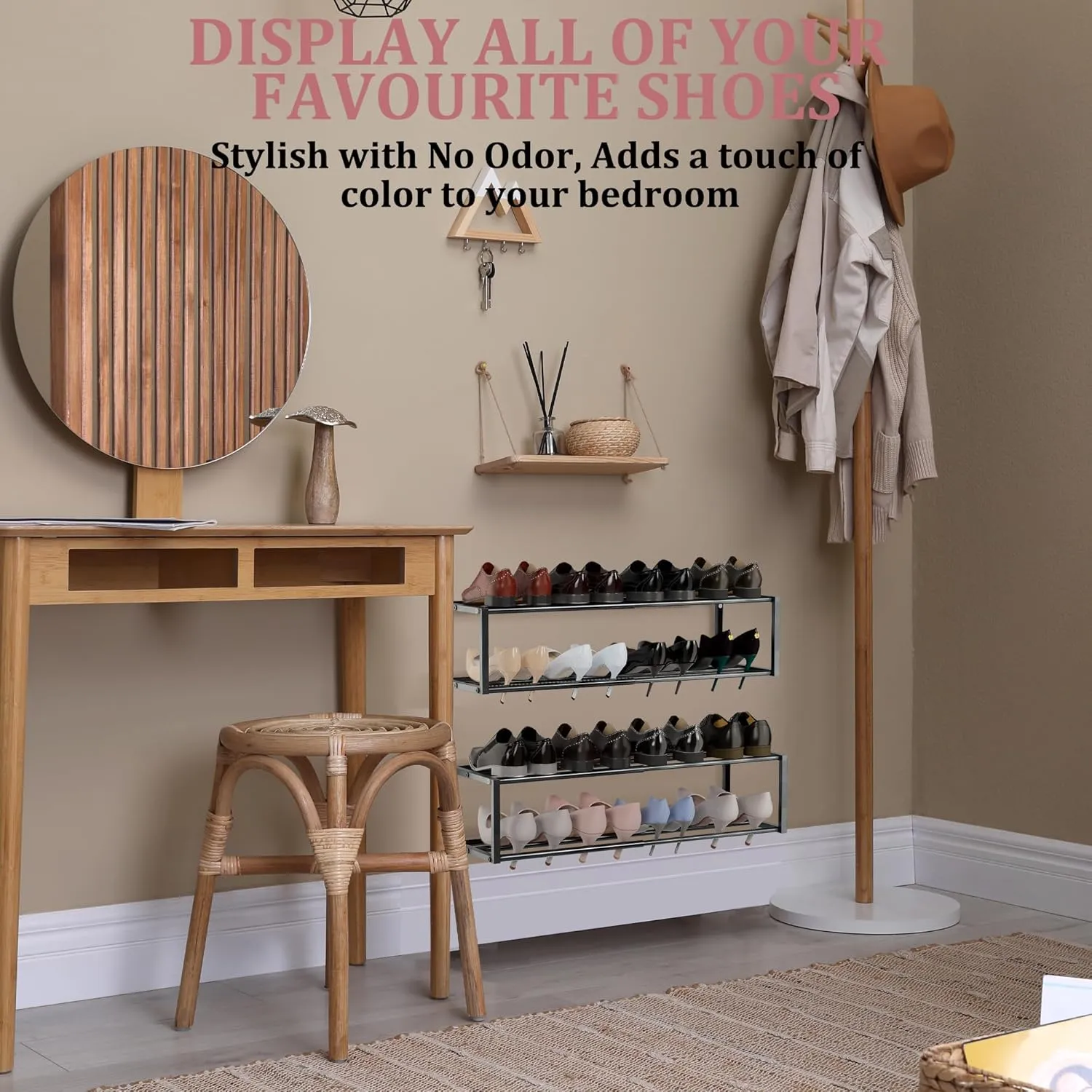 2 Pack Expandable Wall Mounted Shoe Rack, 17"-31" Adjustable Hanging Shoe Rack Holds 16 Pairs, Heavy Duty Metal Shoe Holder with 4 Storage Hooks, Space Saving for Entryway Closet Doorway（Black