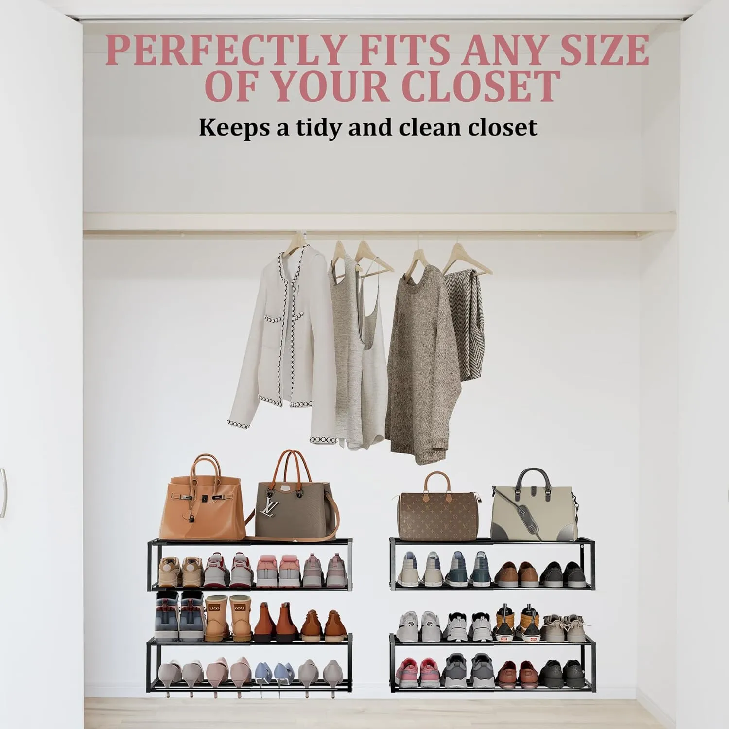 2 Pack Expandable Wall Mounted Shoe Rack, 17"-31" Adjustable Hanging Shoe Rack Holds 16 Pairs, Heavy Duty Metal Shoe Holder with 4 Storage Hooks, Space Saving for Entryway Closet Doorway（Black
