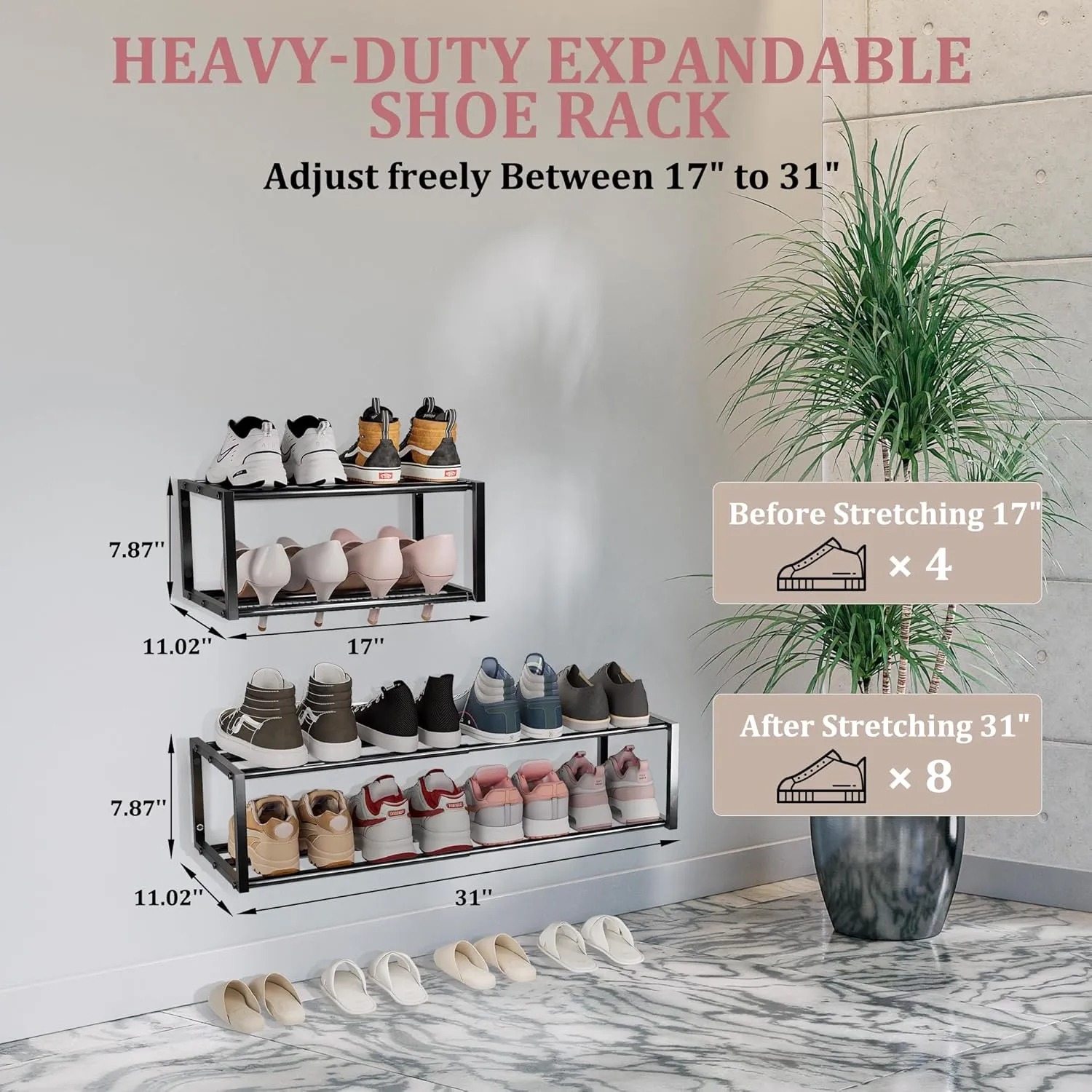 2 Pack Expandable Wall Mounted Shoe Rack, 17"-31" Adjustable Hanging Shoe Rack Holds 16 Pairs, Heavy Duty Metal Shoe Holder with 4 Storage Hooks, Space Saving for Entryway Closet Doorway（Black