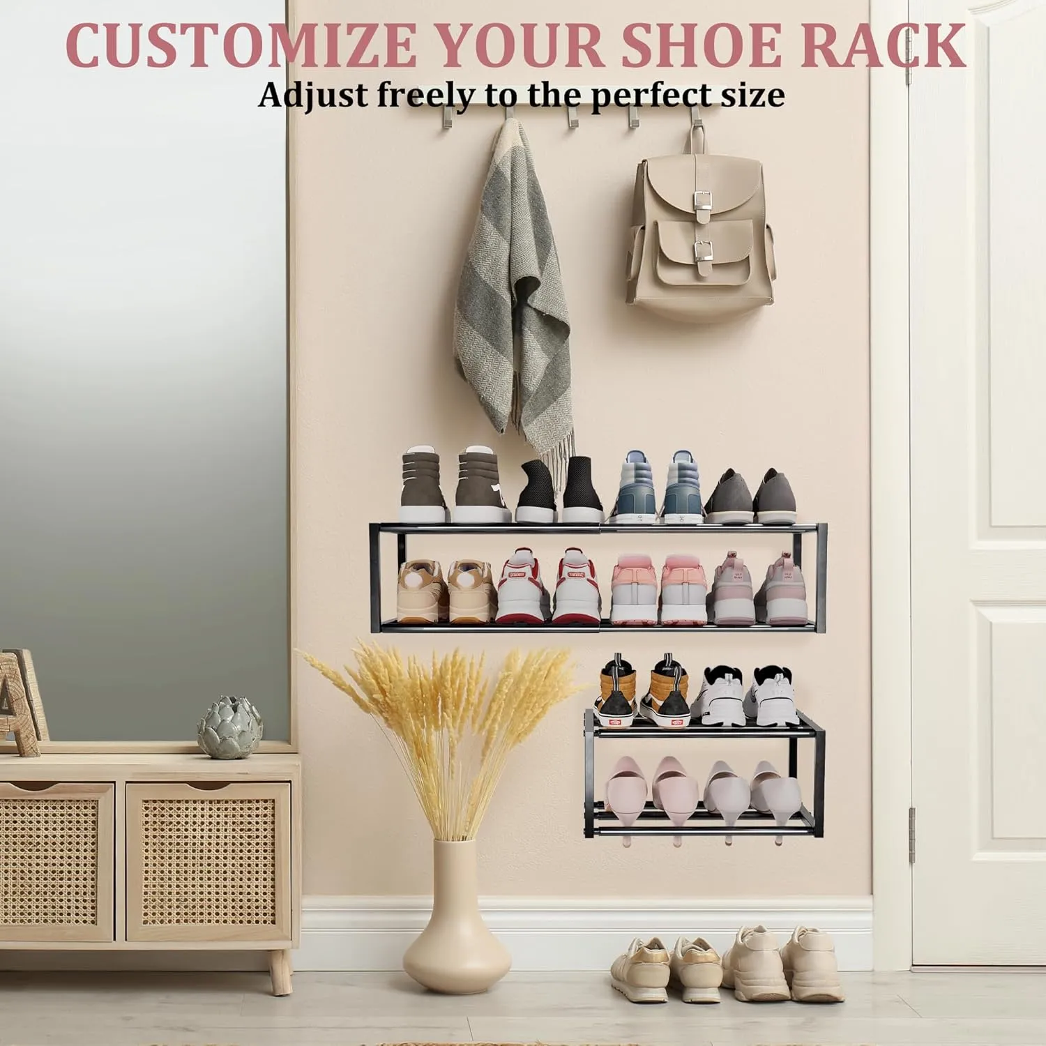 2 Pack Expandable Wall Mounted Shoe Rack, 17"-31" Adjustable Hanging Shoe Rack Holds 16 Pairs, Heavy Duty Metal Shoe Holder with 4 Storage Hooks, Space Saving for Entryway Closet Doorway（Black