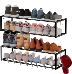 2 Pack Expandable Wall Mounted Shoe Rack, 17"-31" Adjustable Hanging Shoe Rack Holds 16 Pairs, Heavy Duty Metal Shoe Holder with 4 Storage Hooks, Space Saving for Entryway Closet Doorway（Black