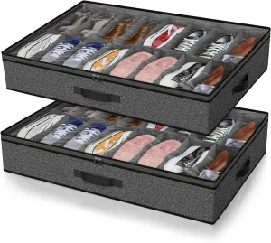 2 Pack Under Bed Shoe Storage Organizer for Closet, Fits Total 32 Pairs Foldable Underbed Shoes Containers Boxes Under the Bed Storage Bedding with Sturdy Handles&Clear Window for College Dorms, Grey