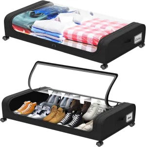 2 Pack Under Bed Storage with Wheels, Large Capacity Under Bed Storage Containers with Clear Lid,Handle,Label, Rolling Under Bed Shoe Storage Organizer for Clothes Toy Shoe Blanket (Black)