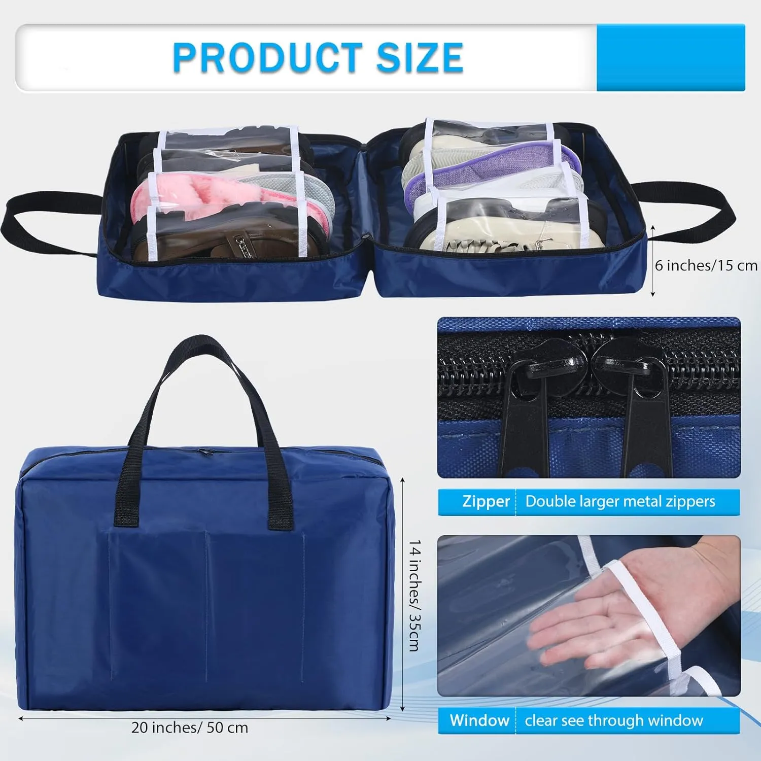 2 Pcs Shoe Bag for Travel with Handle Travel Shoe Organizer Portable Luggage Shoe Storage Bag for Multiple Shoes (Black, Blue)
