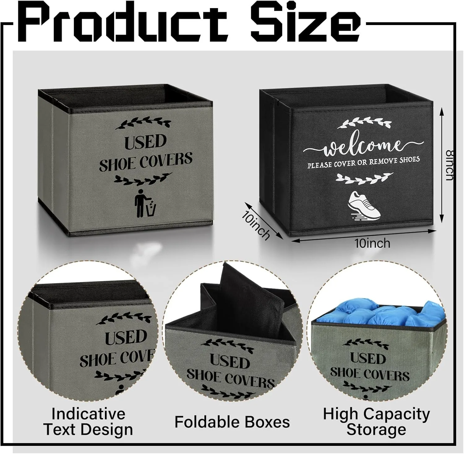 2 Pcs Shoe Cover Boxes Dispenser Foldable Storage Bins with Used Shoe Covers and Welcome Please or Remove Sign for Open House Supplies(Dark Gray, Black)