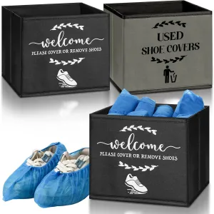2 Pcs Shoe Cover Boxes Dispenser Foldable Storage Bins with Used Shoe Covers and Welcome Please or Remove Sign for Open House Supplies(Dark Gray, Black)
