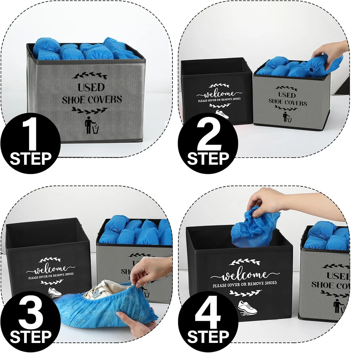 2 Pcs Shoe Cover Boxes Dispenser Foldable Storage Bins with Used Shoe Covers and Welcome Please or Remove Sign for Open House Supplies(Dark Gray, Black)