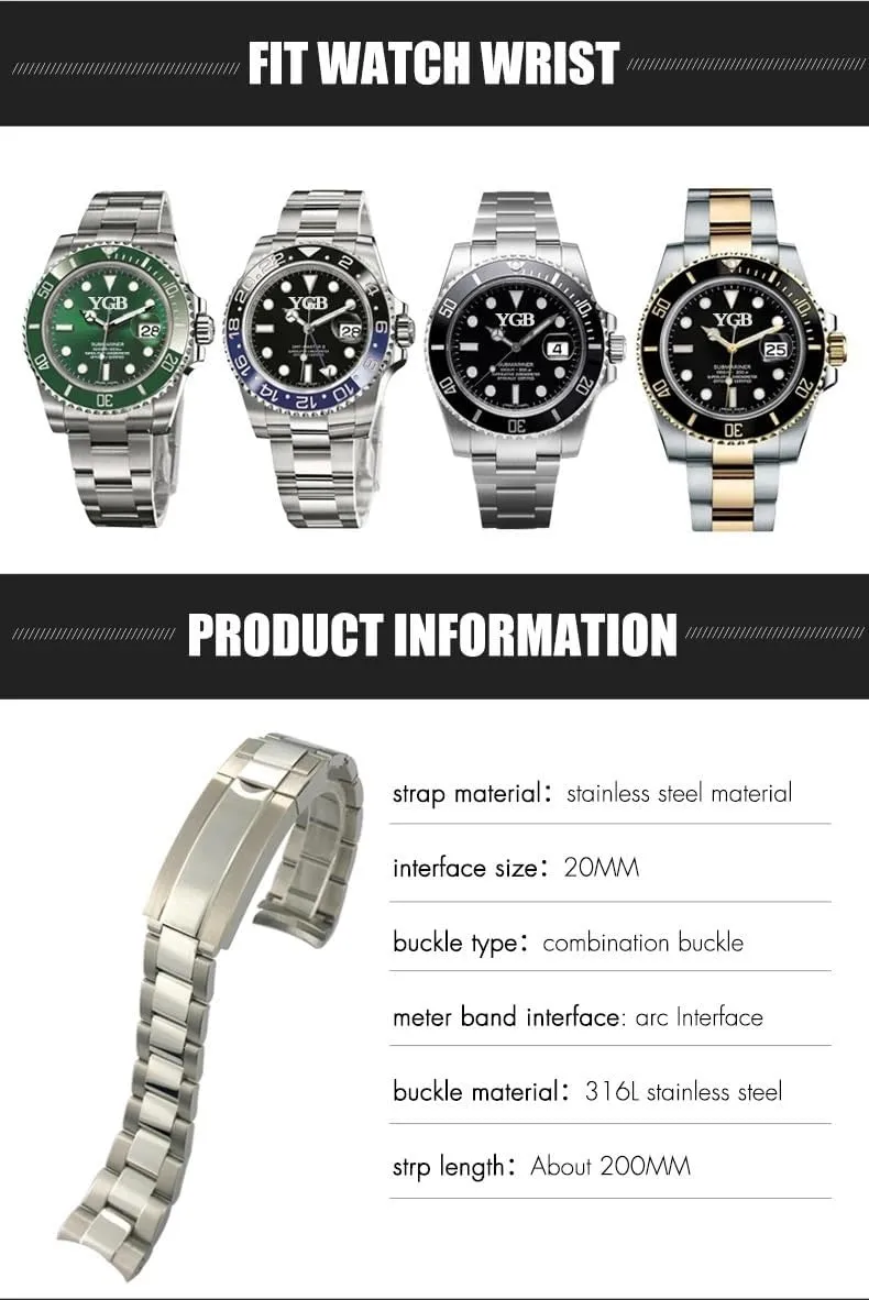 20mm 21mm 316L Stainless Steel Watchband Fit for Rolex Submariner GMT Silver Metal Watch Strap Slide Lock Buckle