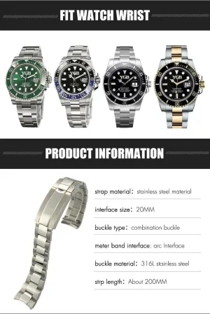 20mm 21mm 316L Stainless Steel Watchband Fit for Rolex Submariner GMT Silver Metal Watch Strap Slide Lock Buckle