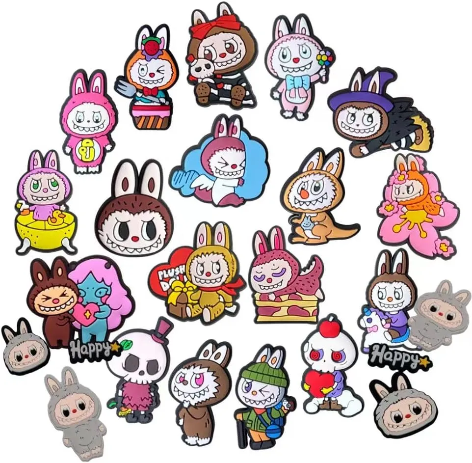 24pcs Laboo cute cartoon PVC bulk shoes, bag charms for croc charms, Bogg bag rubber handheld beach bag for kids boys girls men women birthday party gifts