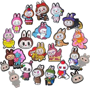 24pcs Laboo cute cartoon PVC bulk shoes, bag charms for croc charms, Bogg bag rubber handheld beach bag for kids boys girls men women birthday party gifts