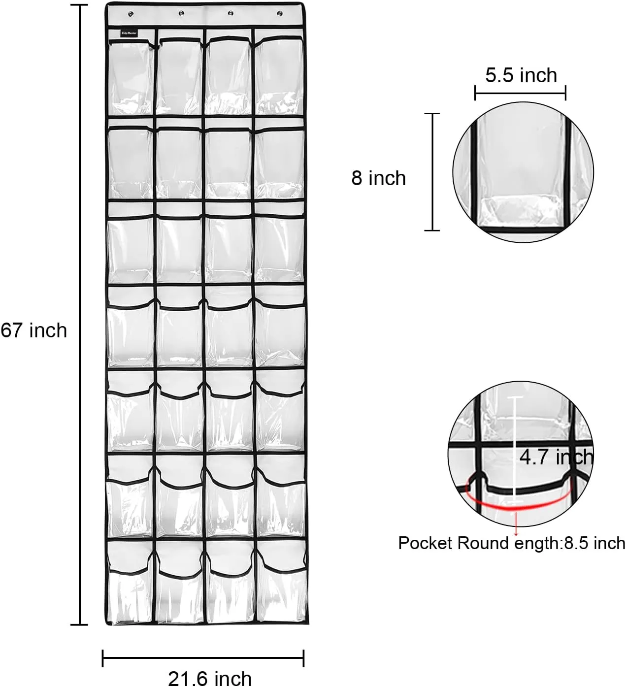 28 Large 2 Pack Transparent Pockets Over The Door Shoe Organizer Sturdy Hanging Shoe Rack for Door Closet Sneakers or Accessories, 8 hooks（White）