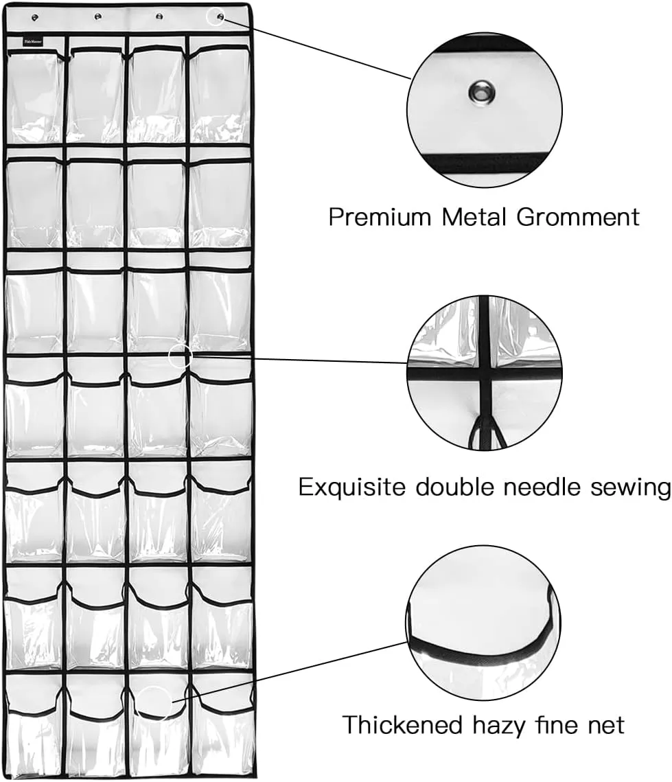 28 Large 2 Pack Transparent Pockets Over The Door Shoe Organizer Sturdy Hanging Shoe Rack for Door Closet Sneakers or Accessories, 8 hooks（White）