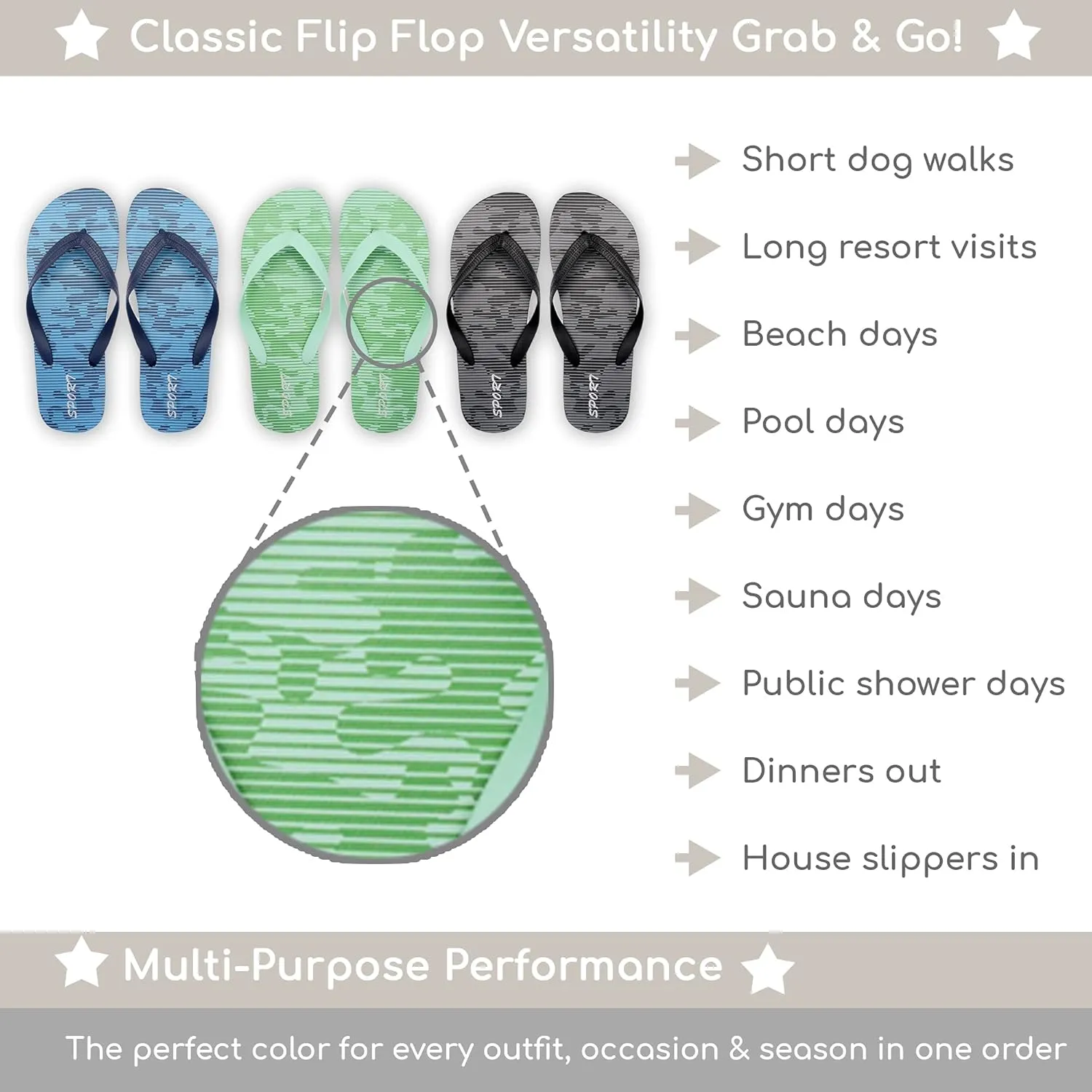 3 Pack Mens Pool Beach Rubber Waterproof Flip Flops Sandals for Surfing Summer Travel Must Haves Practical Shower Shoes Teen Boys
