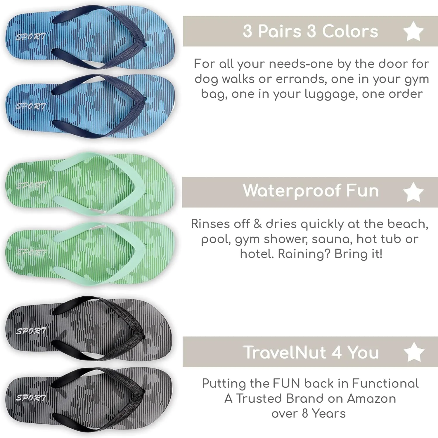 3 Pack Mens Pool Beach Rubber Waterproof Flip Flops Sandals for Surfing Summer Travel Must Haves Practical Shower Shoes Teen Boys