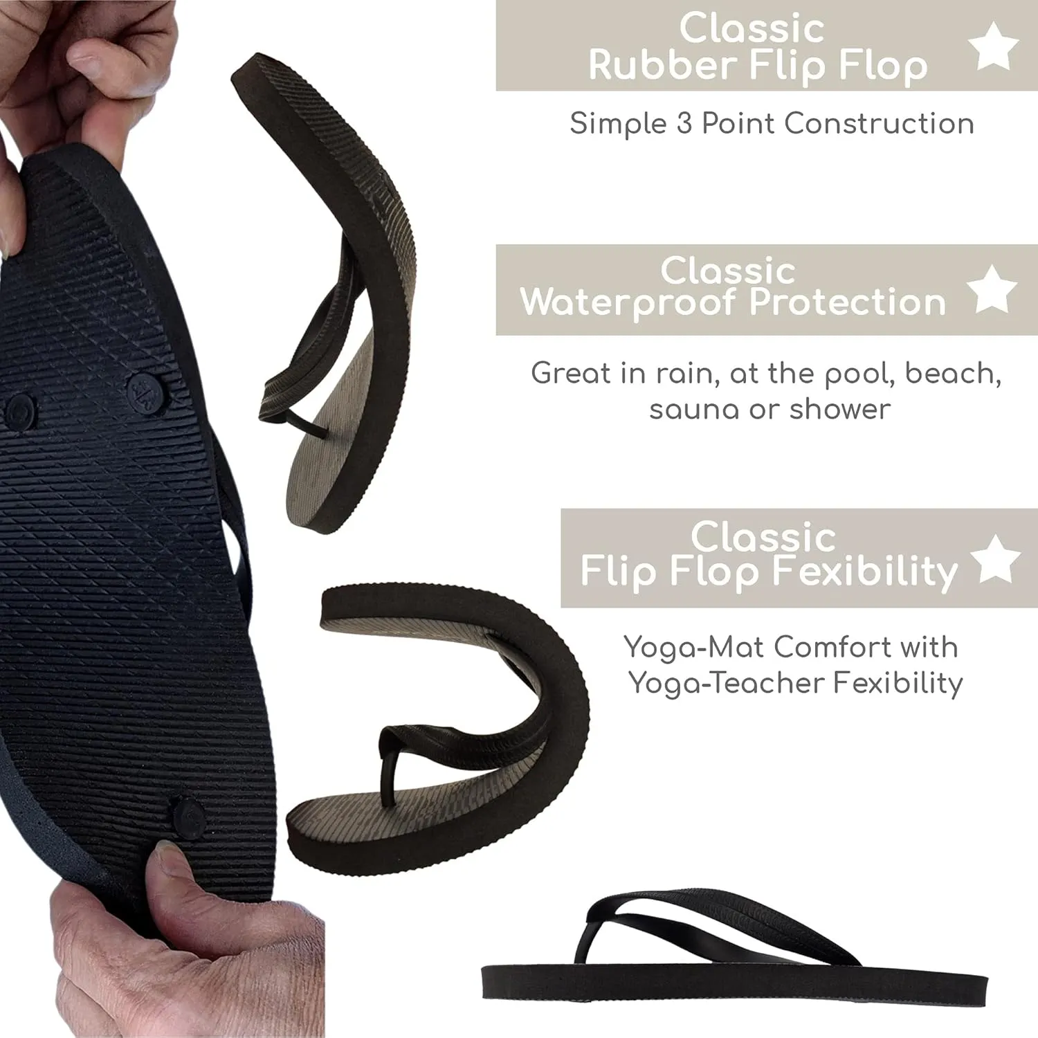 3 Pack Mens Pool Beach Rubber Waterproof Flip Flops Sandals for Surfing Summer Travel Must Haves Practical Shower Shoes Teen Boys
