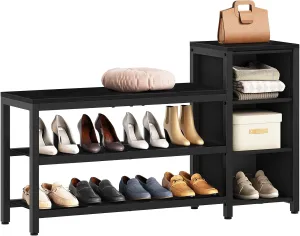 3 Tier Entryway Bench, Shoe Storage Bench, Wooden Shoe Rack with 3 Open Compartments, for Foyer, Hallway, Entryway, Black HX03BB