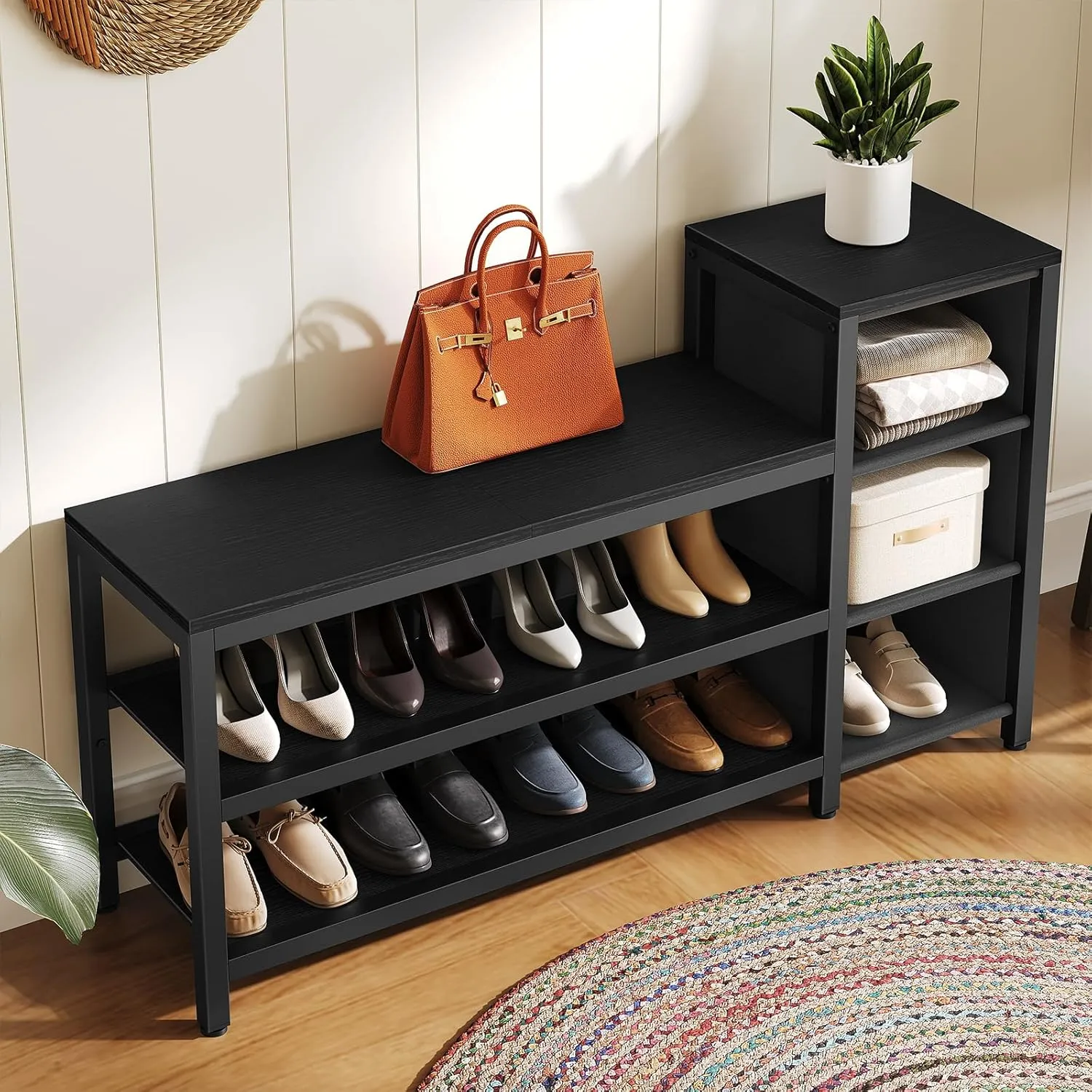 3 Tier Entryway Bench, Shoe Storage Bench, Wooden Shoe Rack with 3 Open Compartments, for Foyer, Hallway, Entryway, Black HX03BB