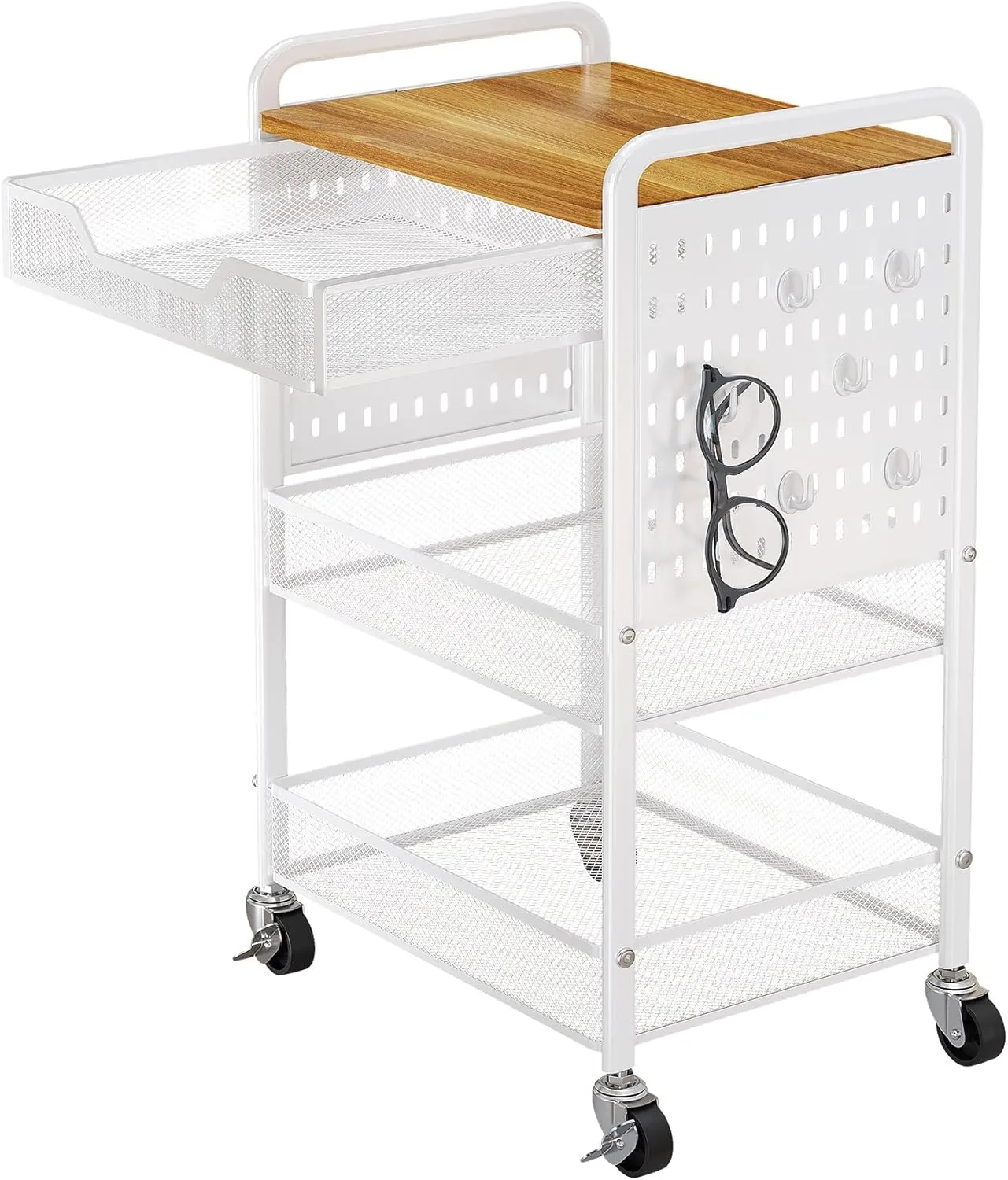 3 Tier Rolling Utility Cart with Wheels - Metal Cart with Wood Tabletop, Slide Drawer and Pegboards & Hooks, Versatile Storage Organizer Cart for Home Office Kitchen, White