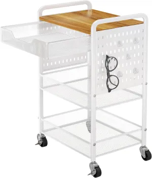 3 Tier Rolling Utility Cart with Wheels - Metal Cart with Wood Tabletop, Slide Drawer and Pegboards & Hooks, Versatile Storage Organizer Cart for Home Office Kitchen, White