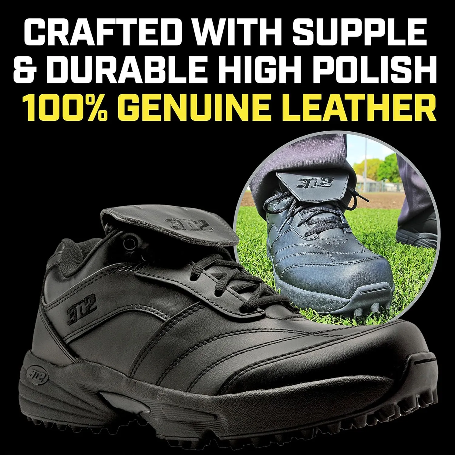 3N2 Reaction Lo Men's Baseball Umpire Field Shoe - Lightweight Leather Shoes for Softball & Baseball Umpires - Black