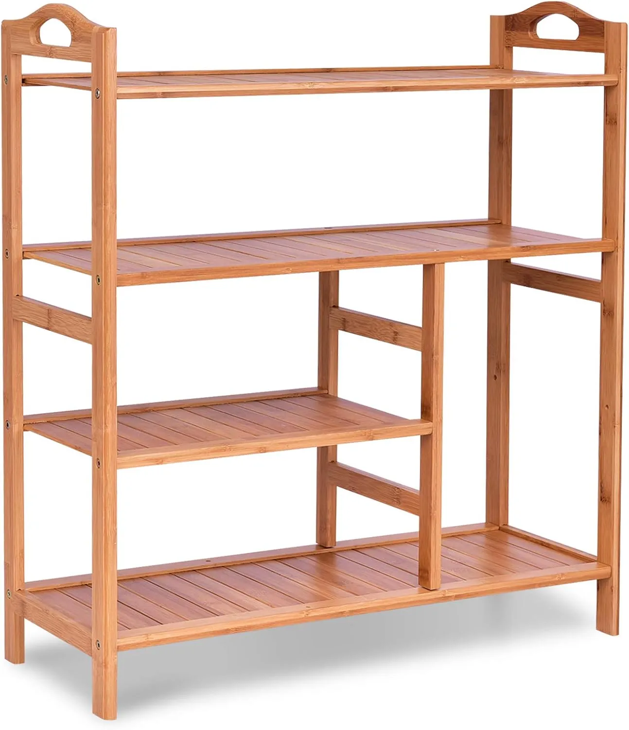 4-Tier Bamboo Shoe Rack, Shoe Shelf Organizer Holds up to 44LBS with Two Rounded Handle for Entryway Kitchen Living Room Closet, Multifunctional Stand Shelf for Footwear Book Flowerpots