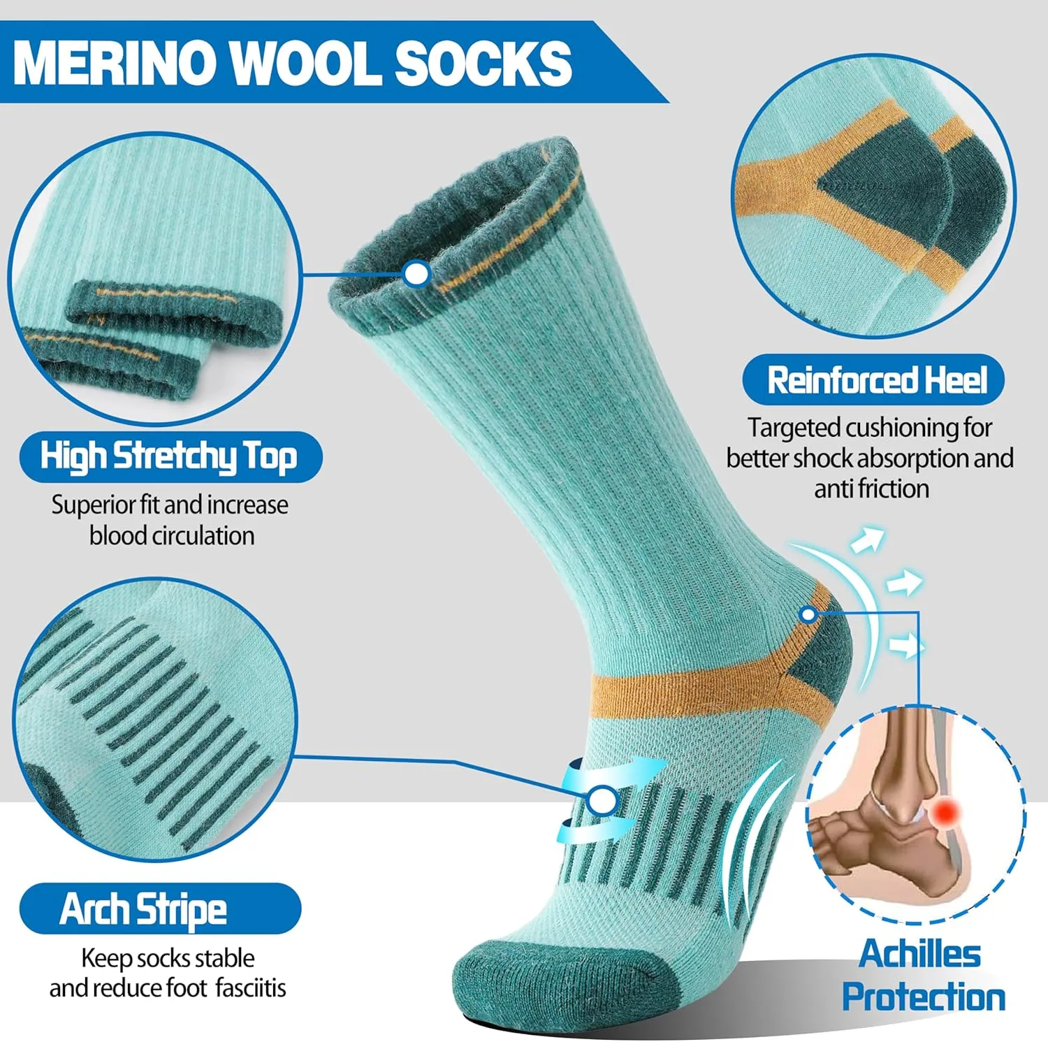 5 Pairs Merino Wool Hiking Socks Warm Thermal Winter Cozy Cushioned Moisture Wicking Socks for Women & Men