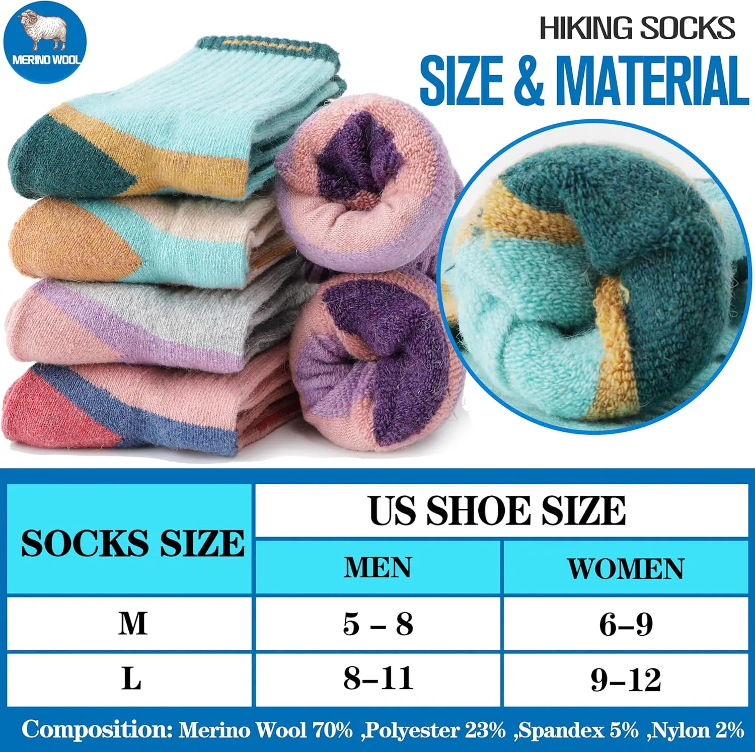 5 Pairs Merino Wool Hiking Socks Warm Thermal Winter Cozy Cushioned Moisture Wicking Socks for Women & Men