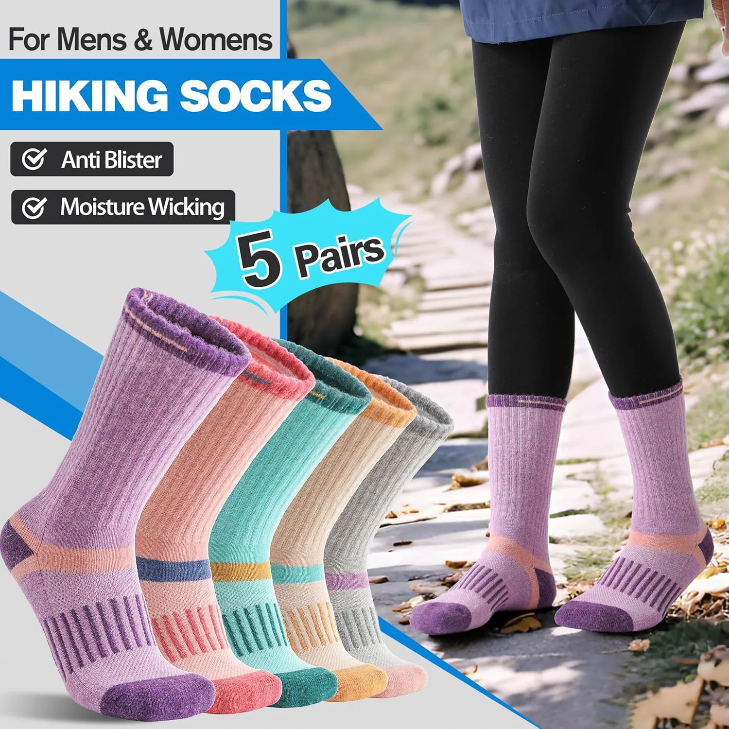 5 Pairs Merino Wool Hiking Socks Warm Thermal Winter Cozy Cushioned Moisture Wicking Socks for Women & Men