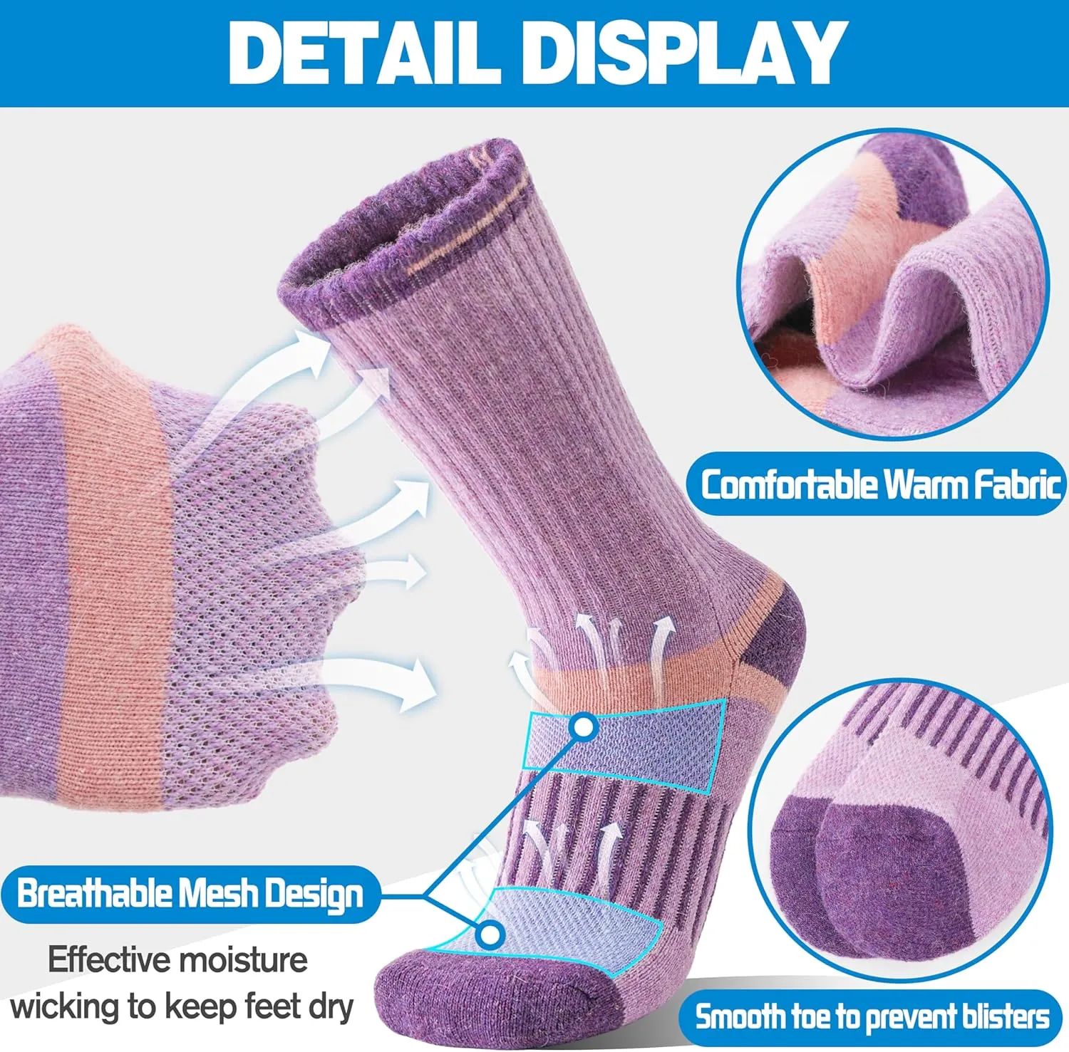 5 Pairs Merino Wool Hiking Socks Warm Thermal Winter Cozy Cushioned Moisture Wicking Socks for Women & Men
