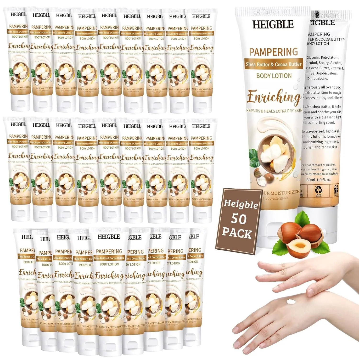 50 Pack Travel Size Body Lotion 1 oz Shea Butter Cocoa Butter Body Lotion Dry Skin Moisturizer with Flip Cap for Extra Dry Skin, Inns, Hotels Resorts, Airlines, Offices, Gyms and More