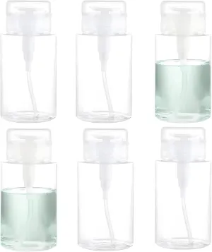 6 Refillable 6.8 Oz Clear Pet Plastic Pump Dispensers with Locking Caps for Makeup Remover, Lotion, Nail Polish Remover, and Toner