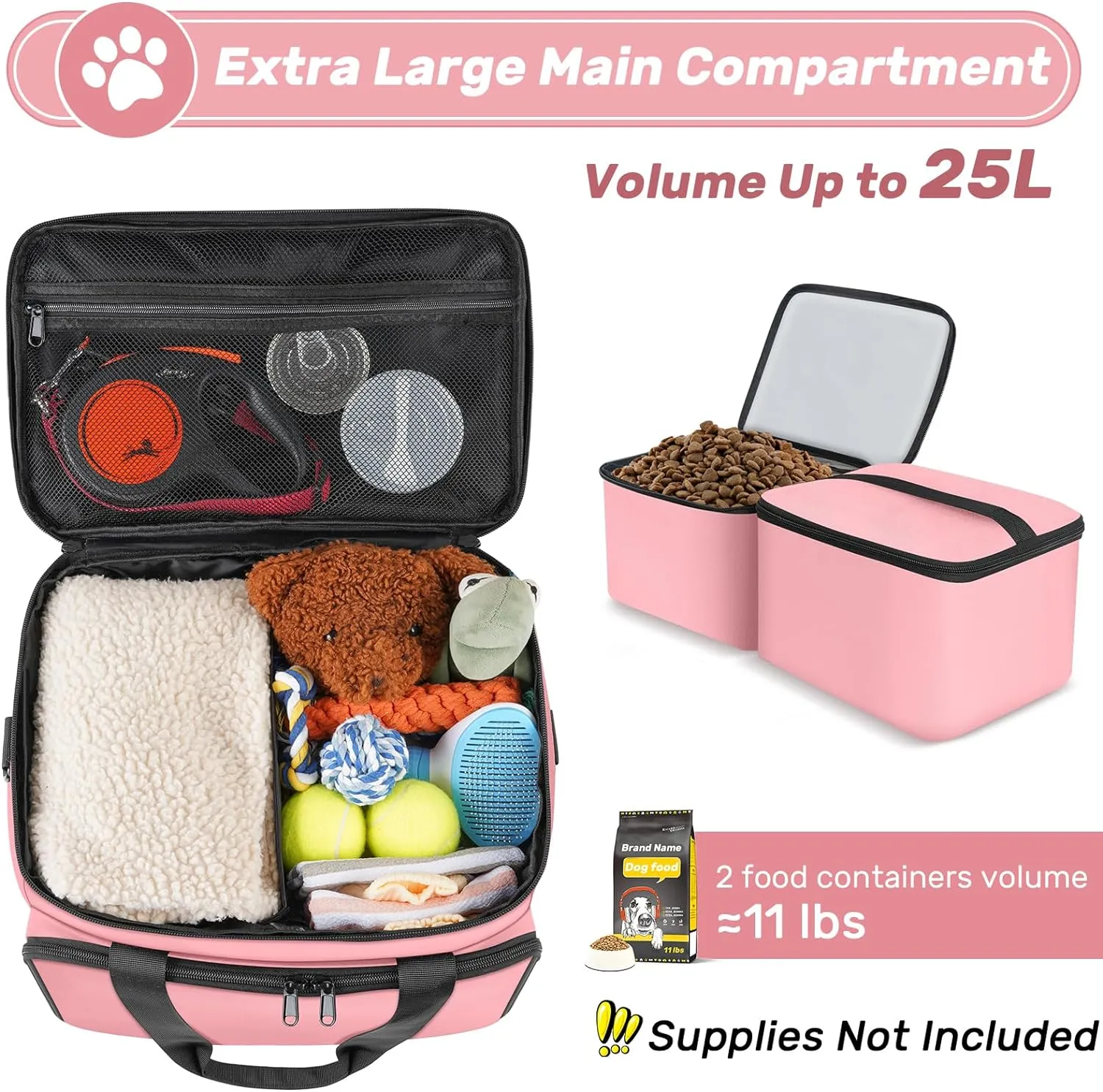6 Set Dog Travel Bag, Large Pet Supplies for Dogs, Includes 2 Collapsible Dog Bowls, 2 Food Containers, 1 Treat Pouch with Pet Travel Bag, Pink